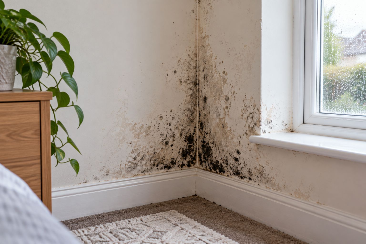 Black mould in a bedroom corner caused by condensation next to a cold window