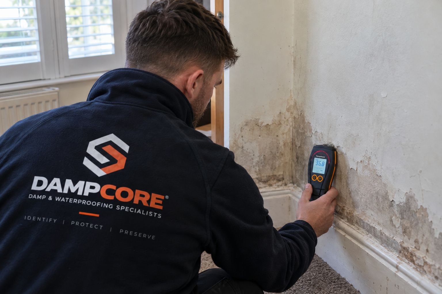 Illustrative photo: moisture meter reading during a rising damp survey