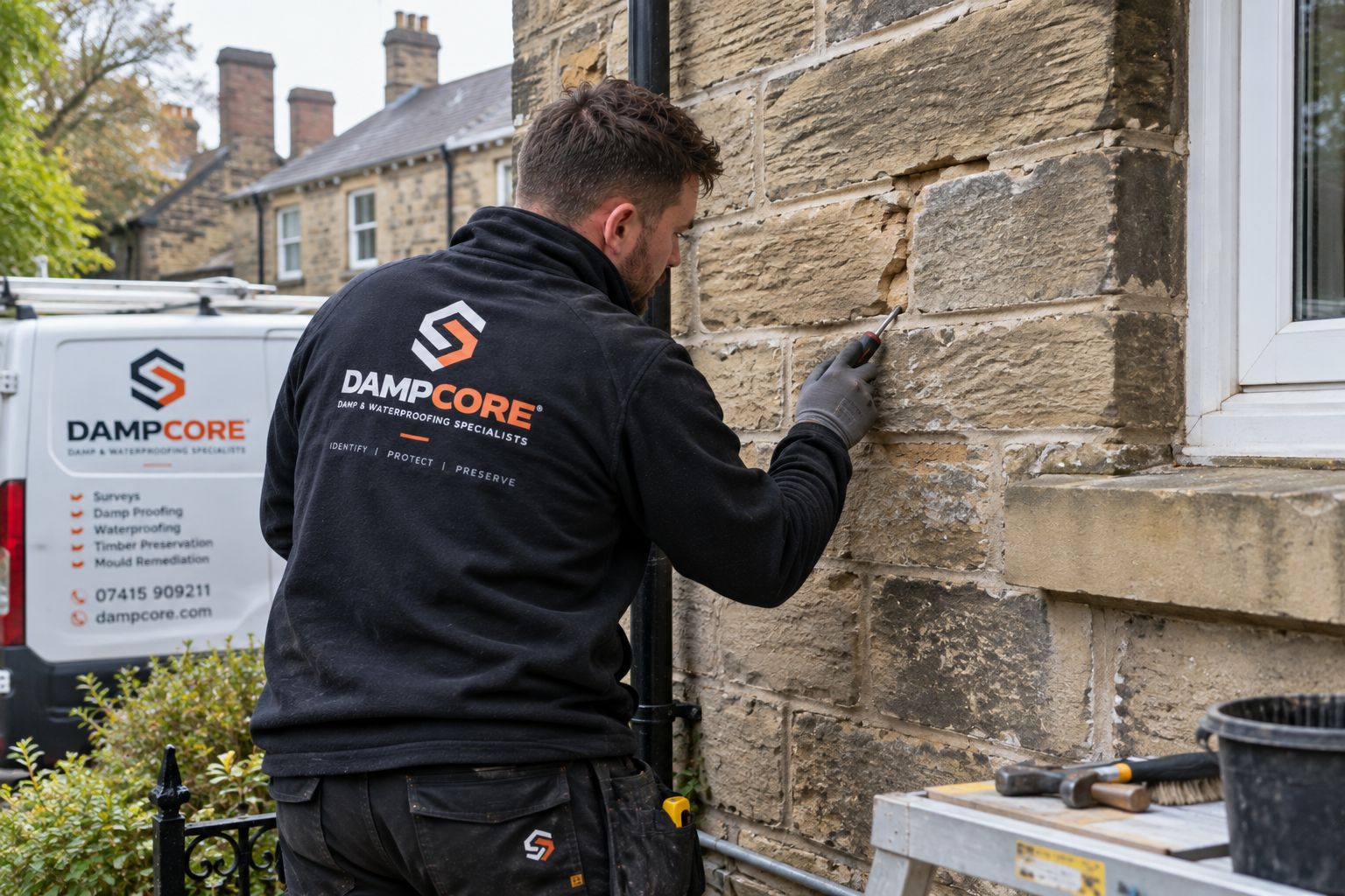 DAMPCORE technician repointing a Yorkshire stone external wall to resolve penetrating damp