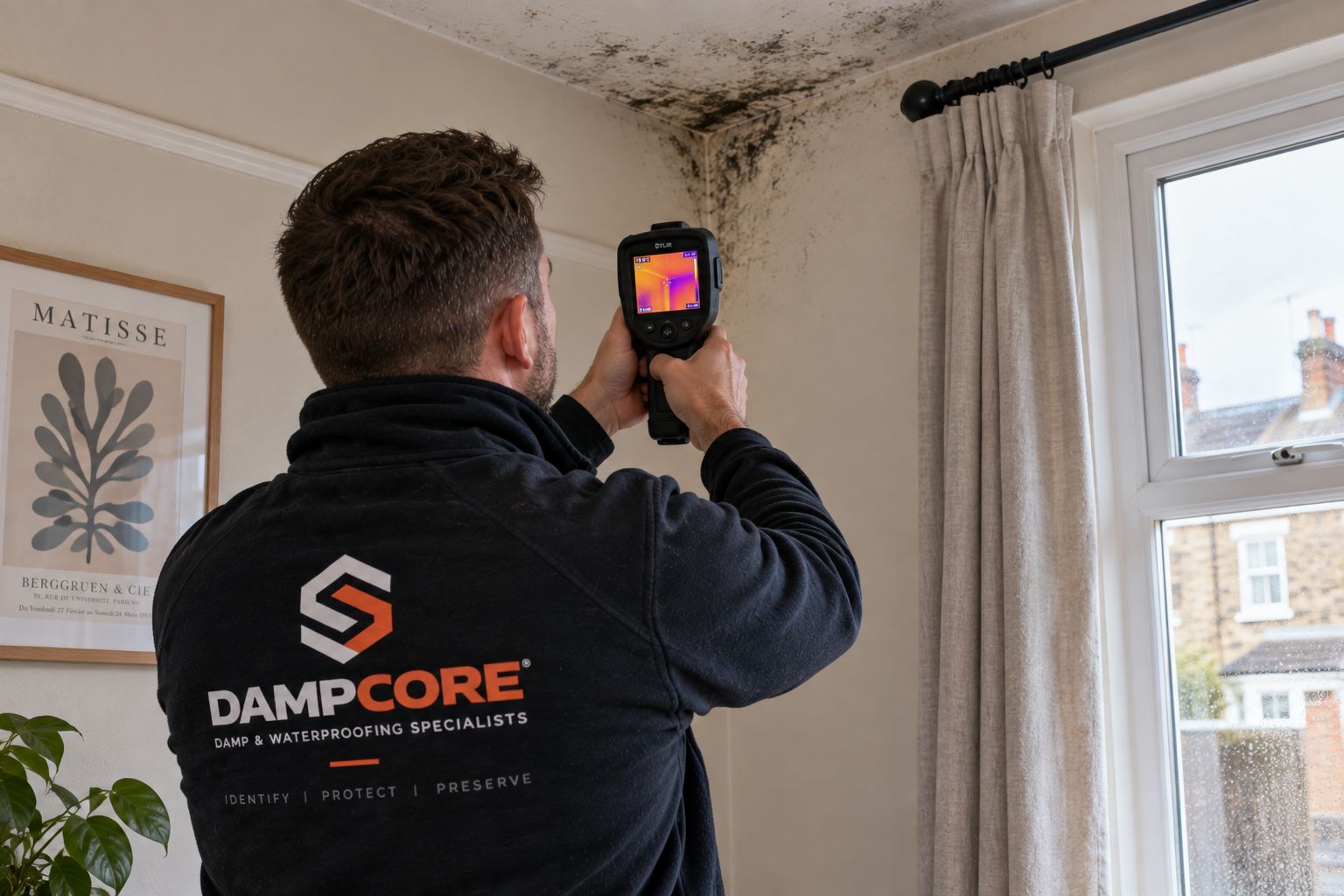 DAMPCORE surveyor using a thermal imaging camera to investigate mould and cold spots on a ceiling